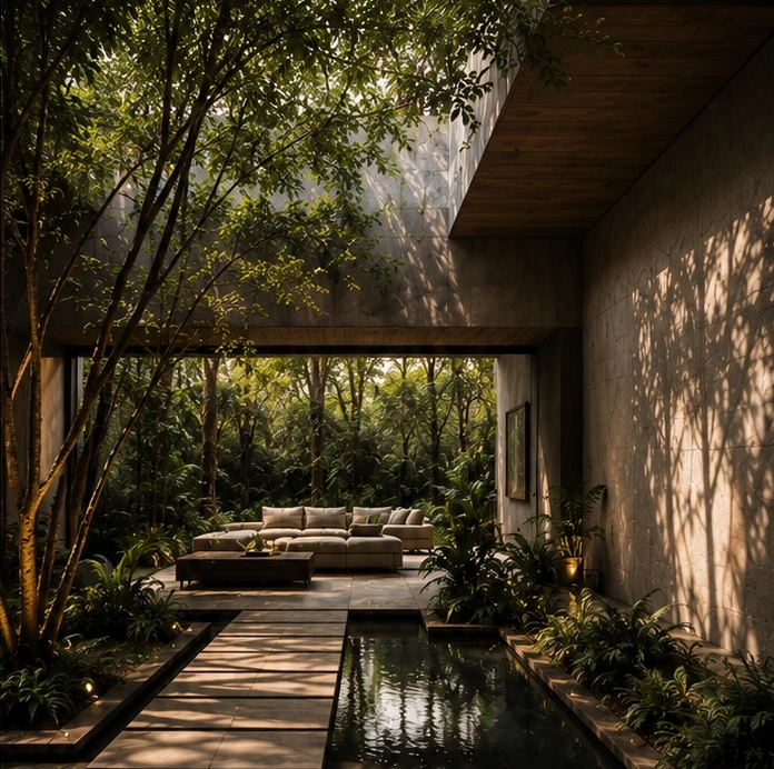 Sala integrada a un patio con vegetación y luz natural