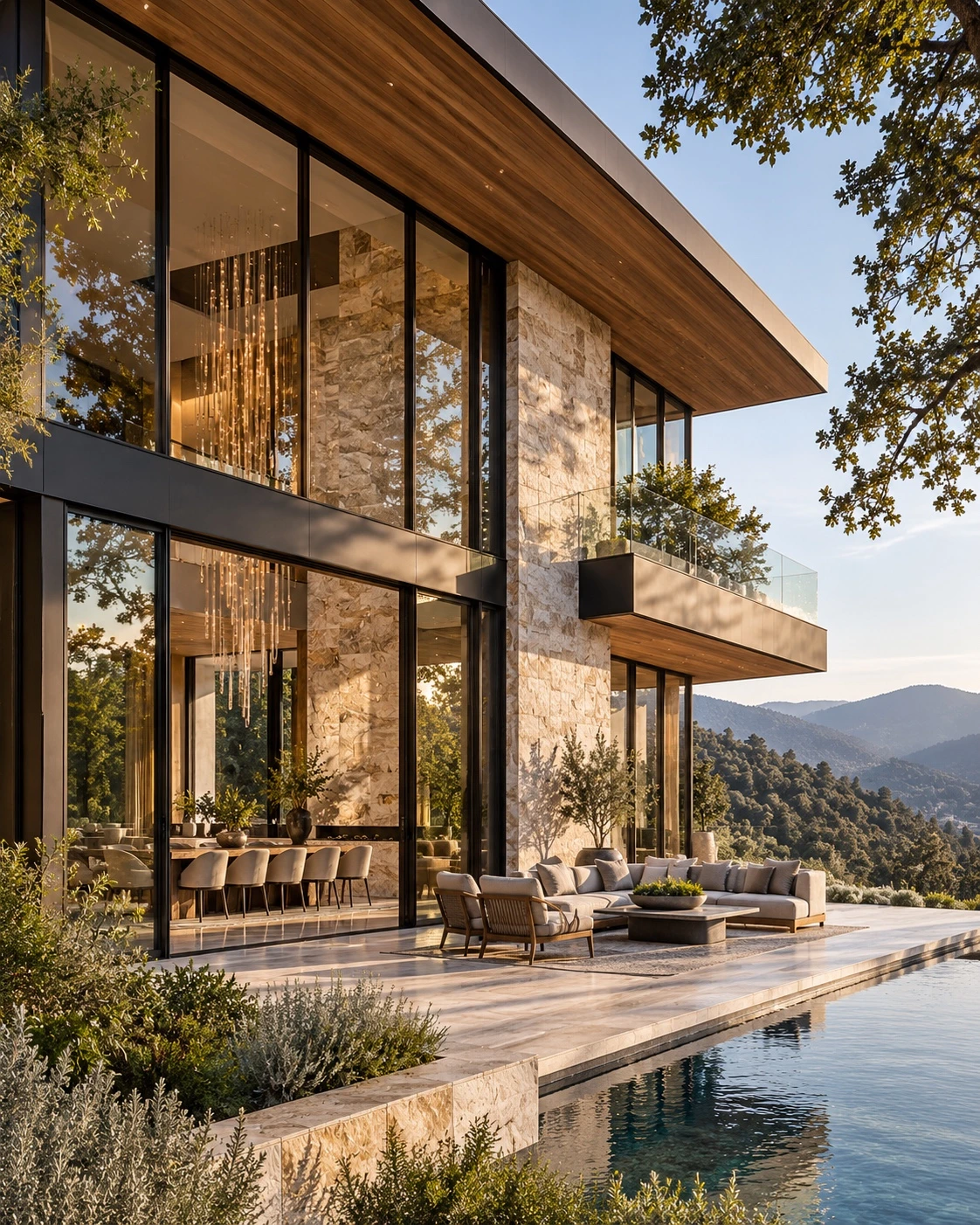 Casa Nova: fachada de piedra, madera y vidrio con terraza y alberca frente al paisaje