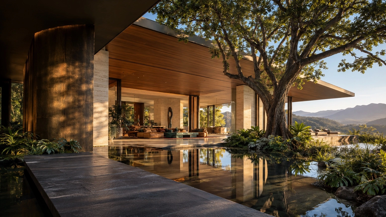Residencia abierta al paisaje con árbol monumental, espejo de agua y cubierta de madera iluminada por el sol