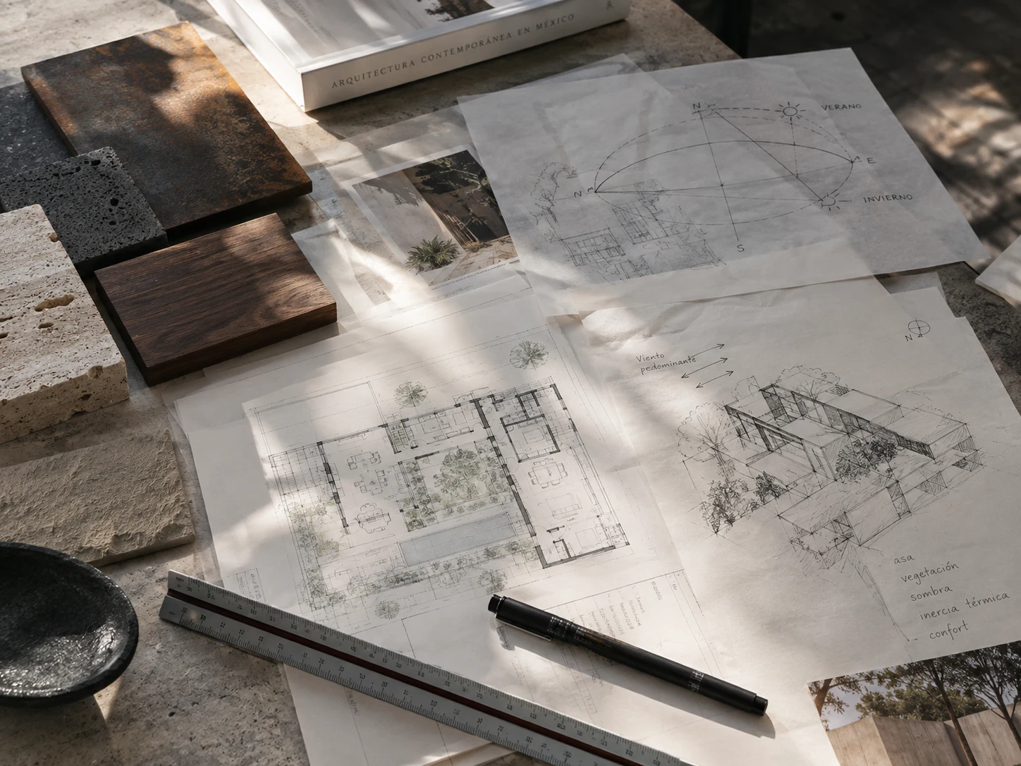 Estudio conceptual de orientación, bocetos y muestras de materiales en una mesa de trabajo