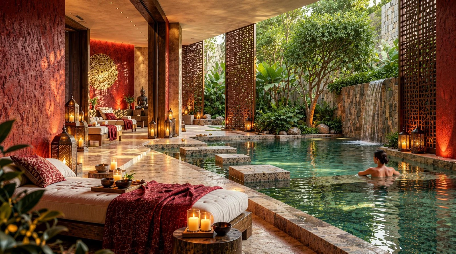 Spa boutique: alberca interior, celosías y vegetación junto a espacios de descanso