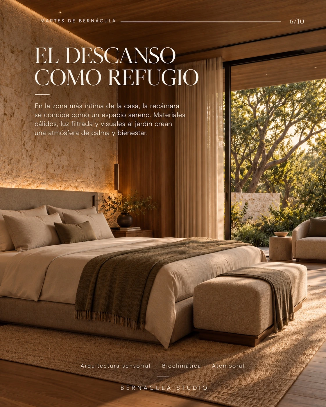 Casa Tanuz: recámara con luz filtrada, materiales cálidos y vistas al jardín